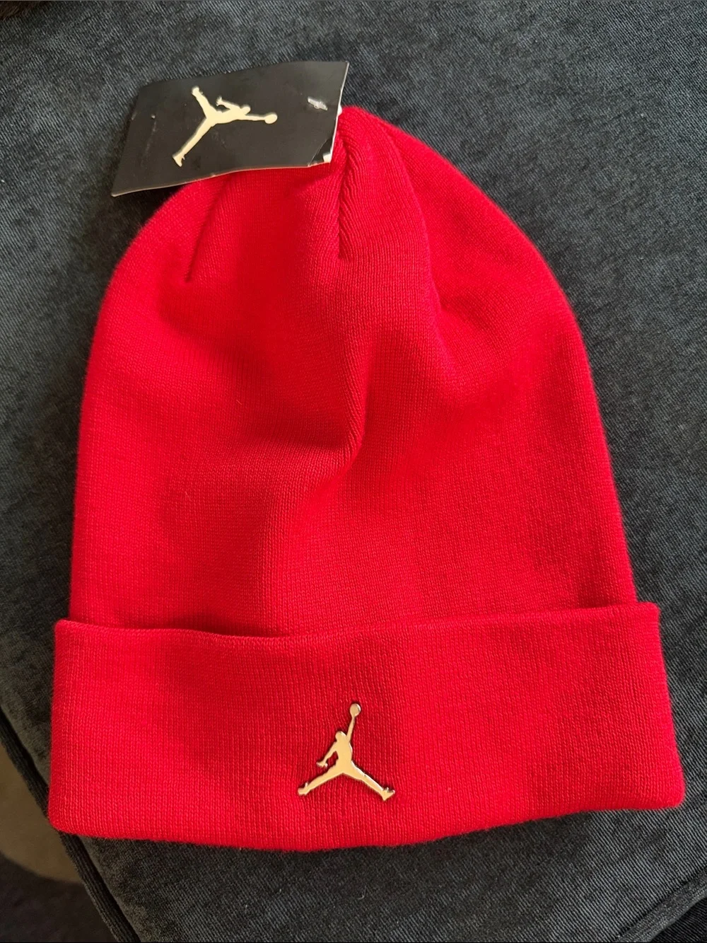 Jordan Red Cuffed Beanie with Gold Jumpman